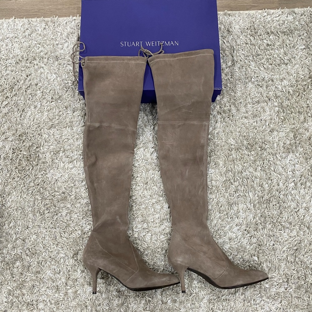 Stuart Weitzman Tiemodel Over the Knee Taupe Suede Boots Size 10